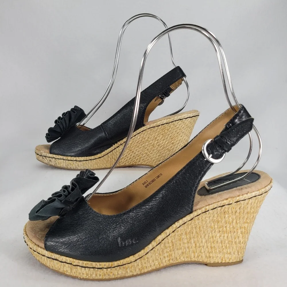 BOC Born Black Leather Peep Toe Wedge Sandals Womens‎ Sz 9 Strappy Flower